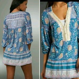 Free People Blouse Womens Blue Lace Pearl VNeck 3/4 Sleeve Medium EUC